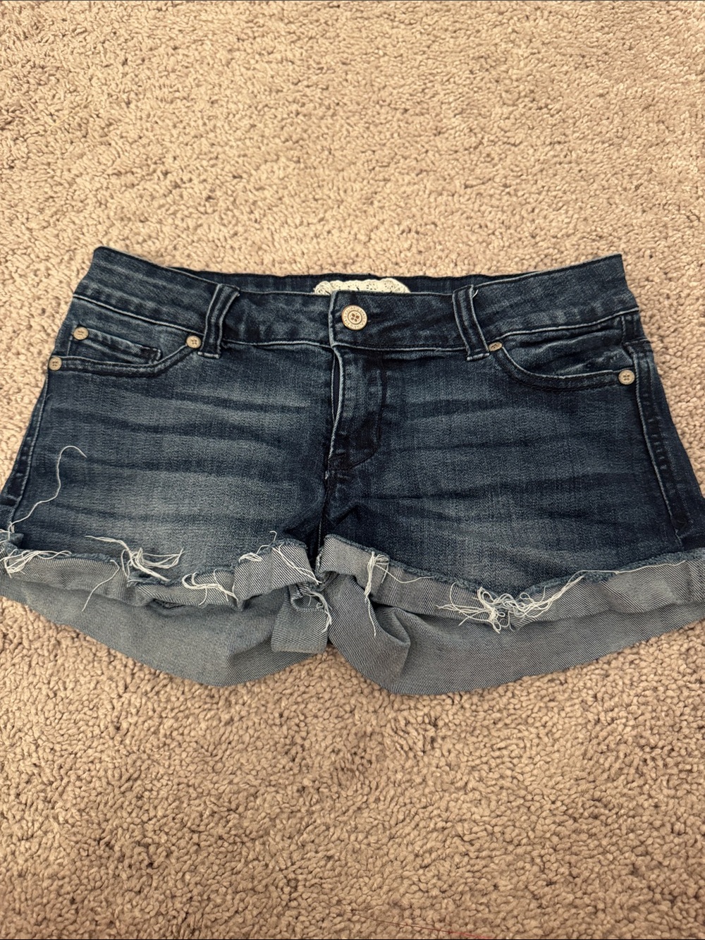 Altar'd State Dark Wash Rolled Frayed Hem Denim Shorts